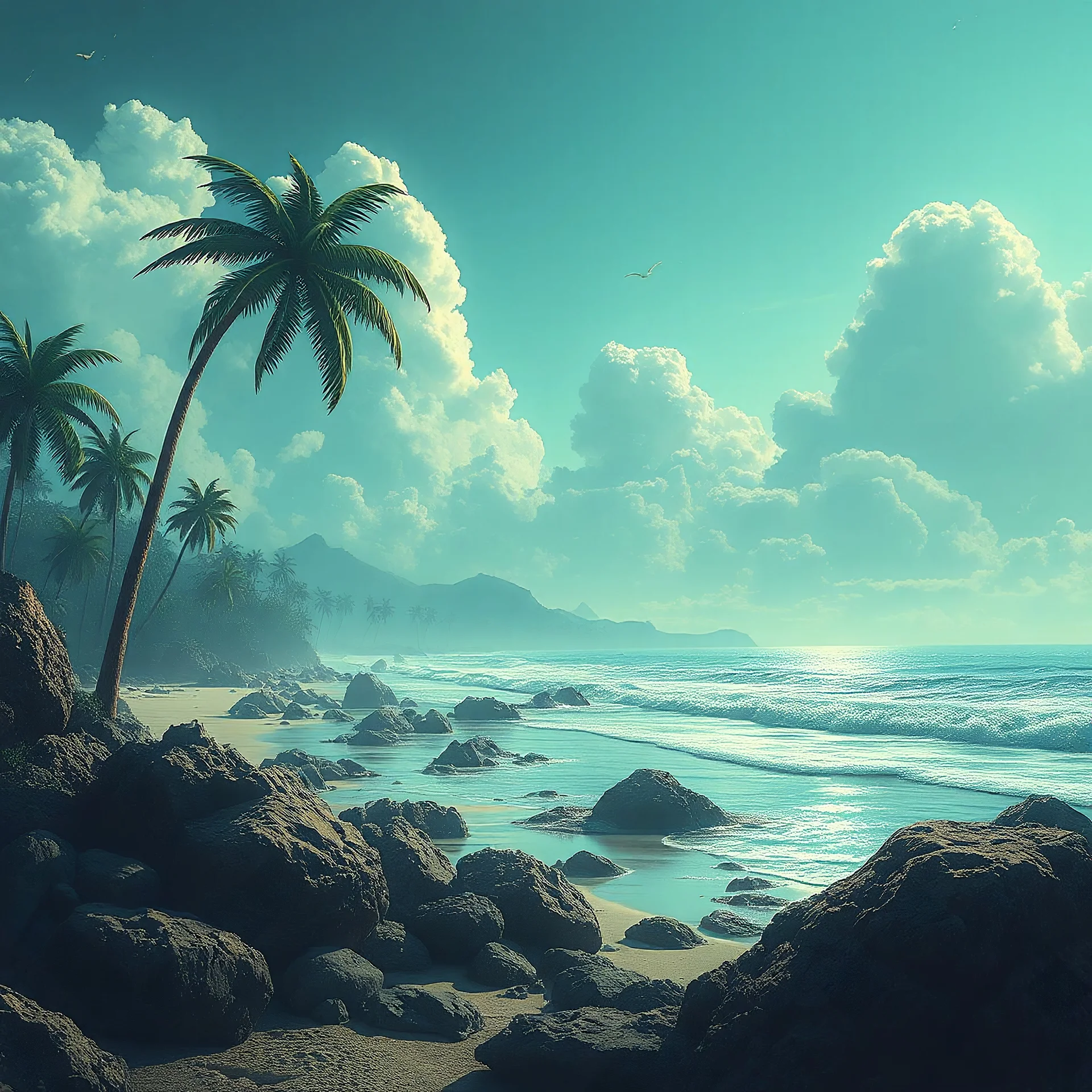 tropical shore, sci-fi