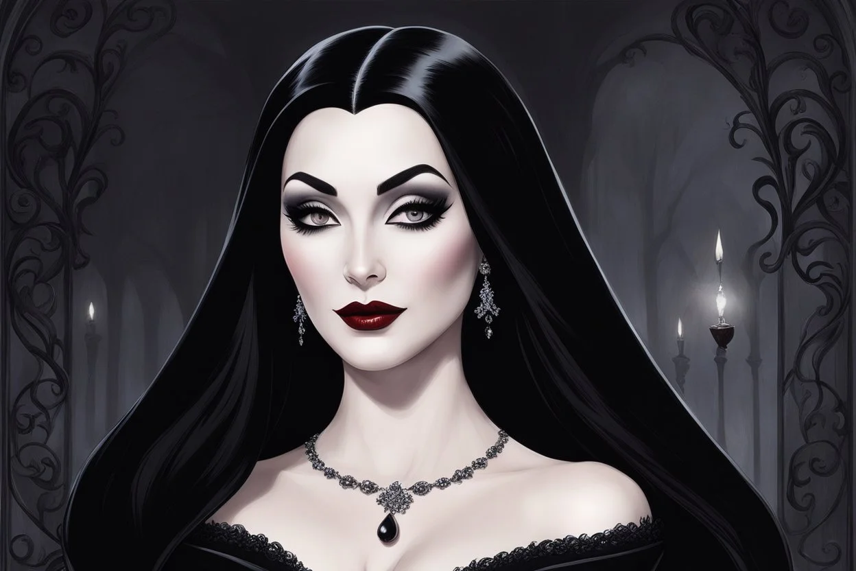 A bewitching portrait of Morticia Addams in a moment of seductive allure. Her obsidian black hair cascades down her shoulders, framing her pale, sculpted face with high cheekbones and piercing dark eyes. Her lips are a deep crimson, slightly parted in a knowing smile. She wears a flowing, form-fitting black gown that accentuates her slender figure, its fabric clinging sensuously. The background is a dimly lit, gothic chamber, perhaps with ornate, shadowy furnishings and a hint of cobwebs. The li