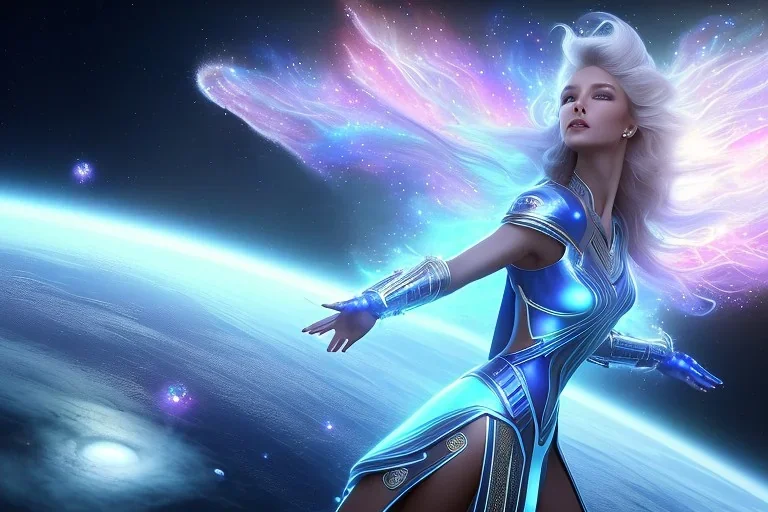  beautiful cosmic woman with blu color skin, long hair, nice smiling, magic glamour make up, delicate colors, beautiful glamour galactique dress, ultra sharp focus, 8k, unreal engine 5, extremely sharp detail, light effect, soft light atmosphere of a spaceship, smooth, full of details, face in front, complete vision of face and hair and body