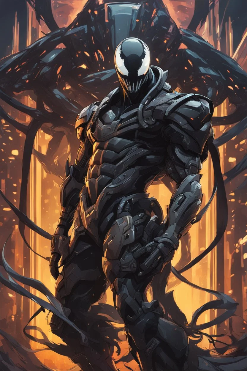 Venom mix with machine in solo leveling shadow artstyle, cyberpunk them, intricate details, highly detailed, high details, detailed portrait, masterpiece,ultra detailed,best quality