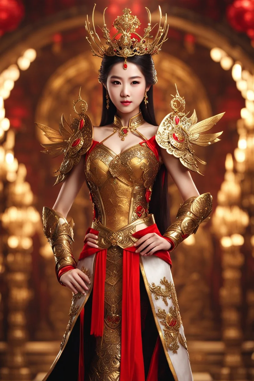 Realistic photography,front_view, Beautiful Queen fairy super model Chinese Woman, brown hair,dressing luxury party gown,looking at viewer,traditional dress ornaments mechanical armor china traditional, intricate armor, delicate golden shine bright, black metalic parts, detailed part, jewelry diamonds,dynamic pose,abstrac background, dynamic lighting, red hour, full body portrait