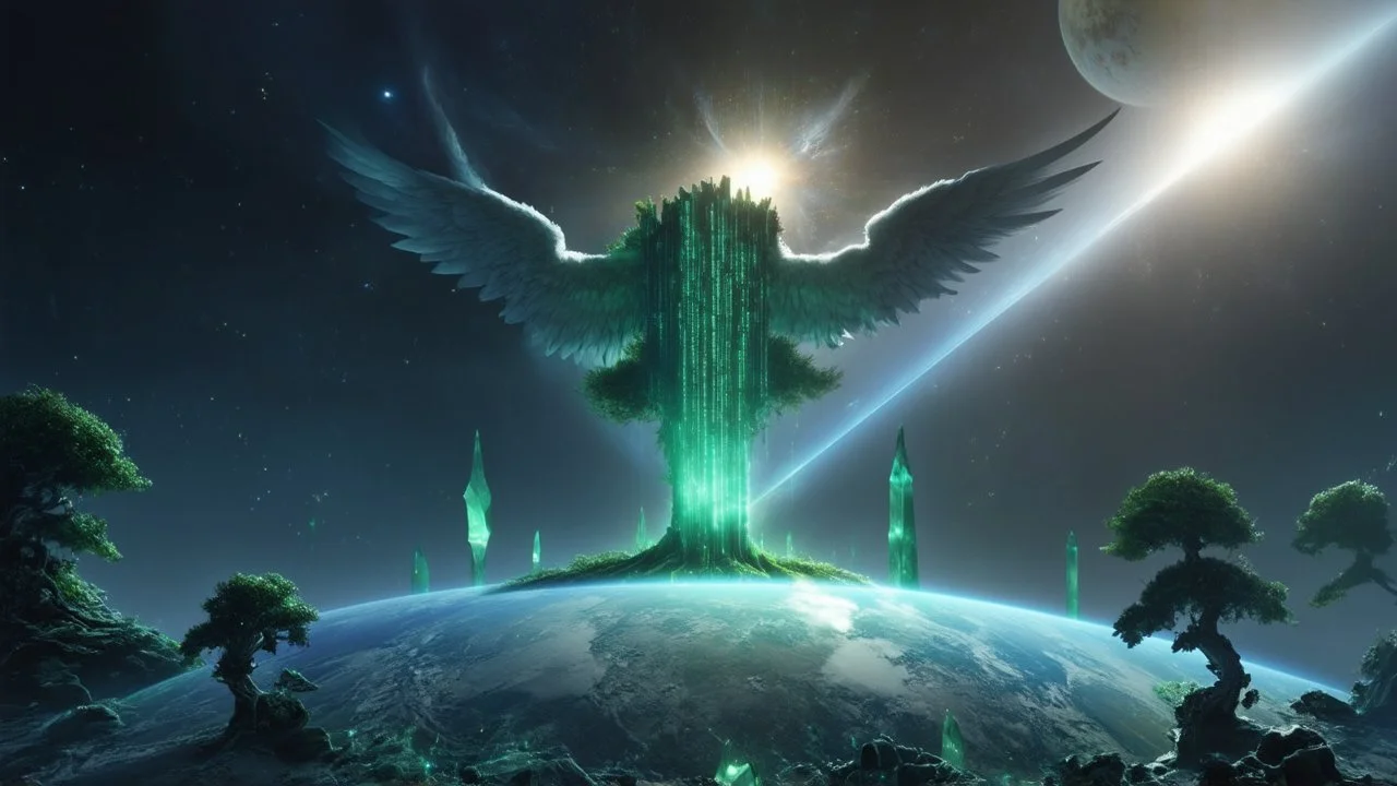 matrix universe, space, planets, god creation, angels from other dimensions with beautiful wings, trees on the planet, behind green crystals of light, few tiberium monolith deposits on the planet near tree,