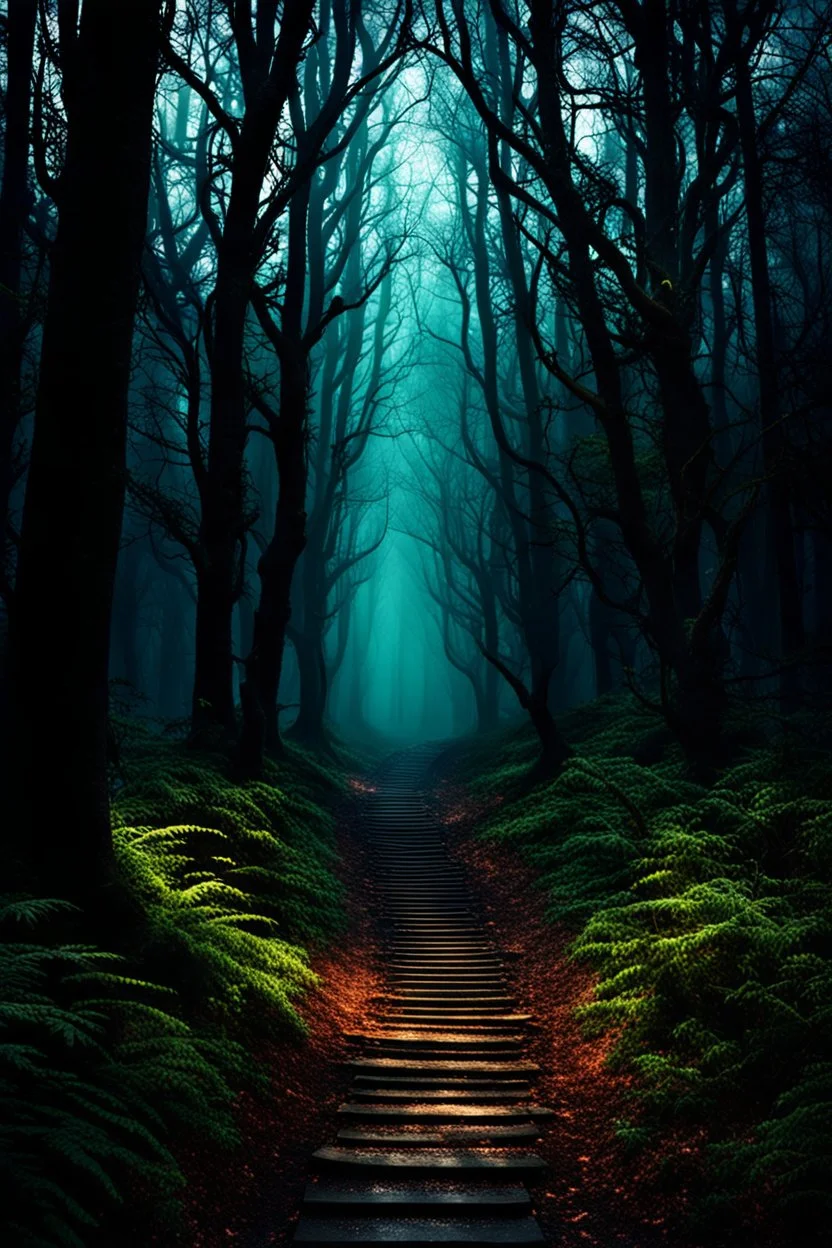 pathway leading into a Dark forest. fantasy