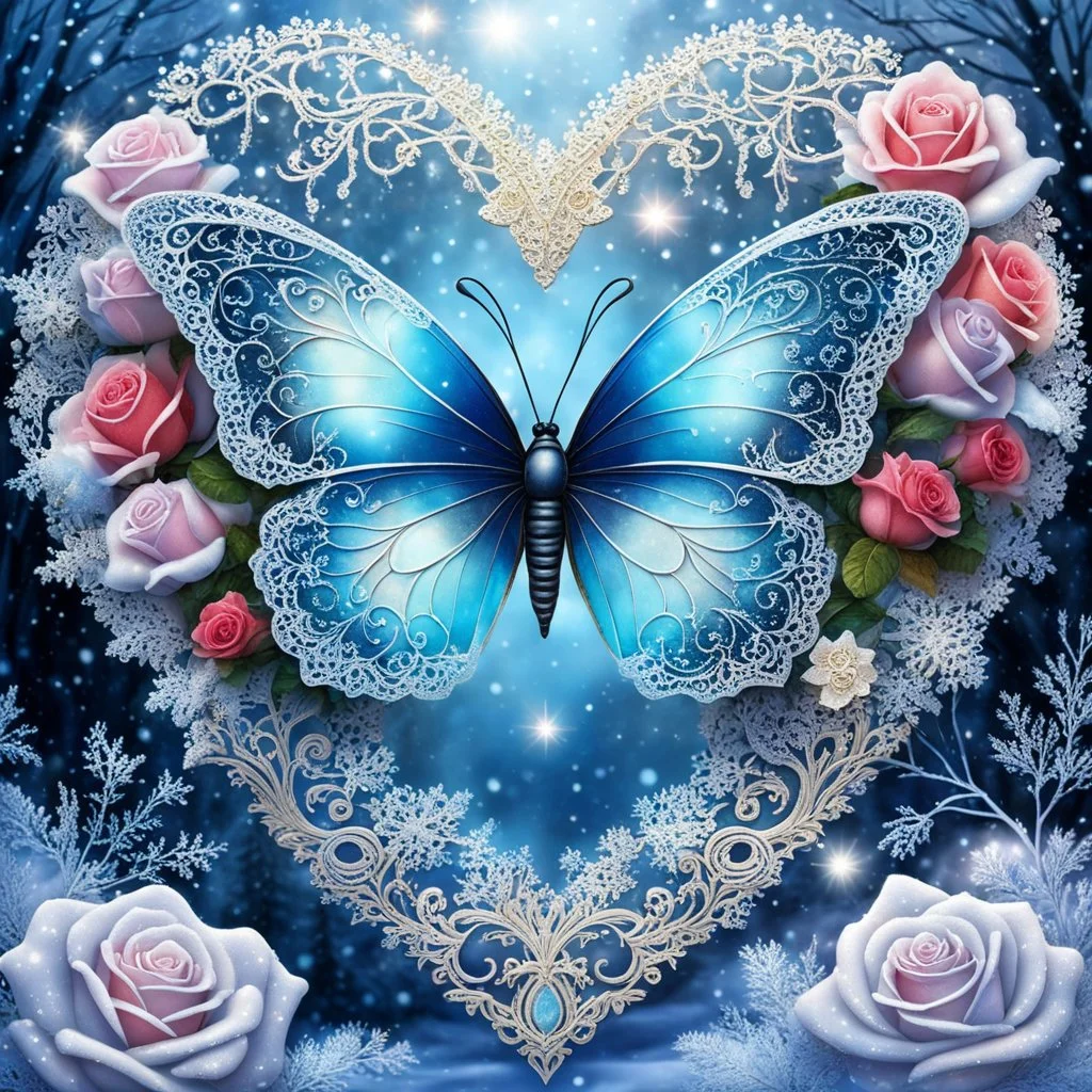 Beautiful filigree lacey butterfly, winter wonderland background, triple frosted heart with bi colored roses, glitter, glowing, transparent, sparklecore, Thomas Kinkade, realistic painting, 8K