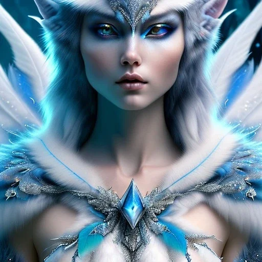 icy blue,beautiful wolfed creature ,feathers , elve fae, majestic, ominous, ice, scales,frost on skin, dnd character portrait, intricate, oil on canvas, masterpiece, expert, insanely detailed, 4k resolution, retroanime style, cute big circular reflective eyes, cinematic smooth, intricate detail , soft smooth lighting, soft pastel colors, painted Rena