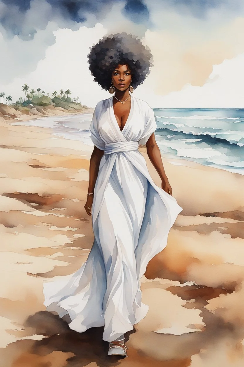 Create an urban culture watercolor painting of a beautiful thick black female wearing a soft white maxi dress and a white hair wrap. Prominent make up with lush lashes. Highly detailed tightly curly afro. Background of her walking in the sand by the ocean.