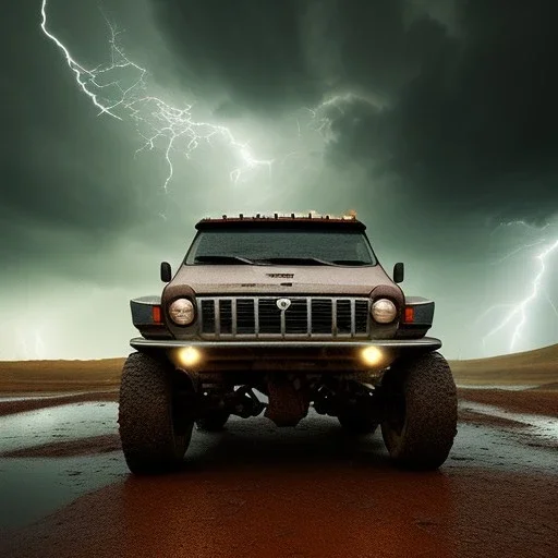 hyperrealistic shot, off-road truck, earth color palette, sharp focus, puddle reflection, tire water splash, refraction, rain and lightning on the horizon, shadowcast, detailed and intricate, cinematic composition, micro, tilt shift photography