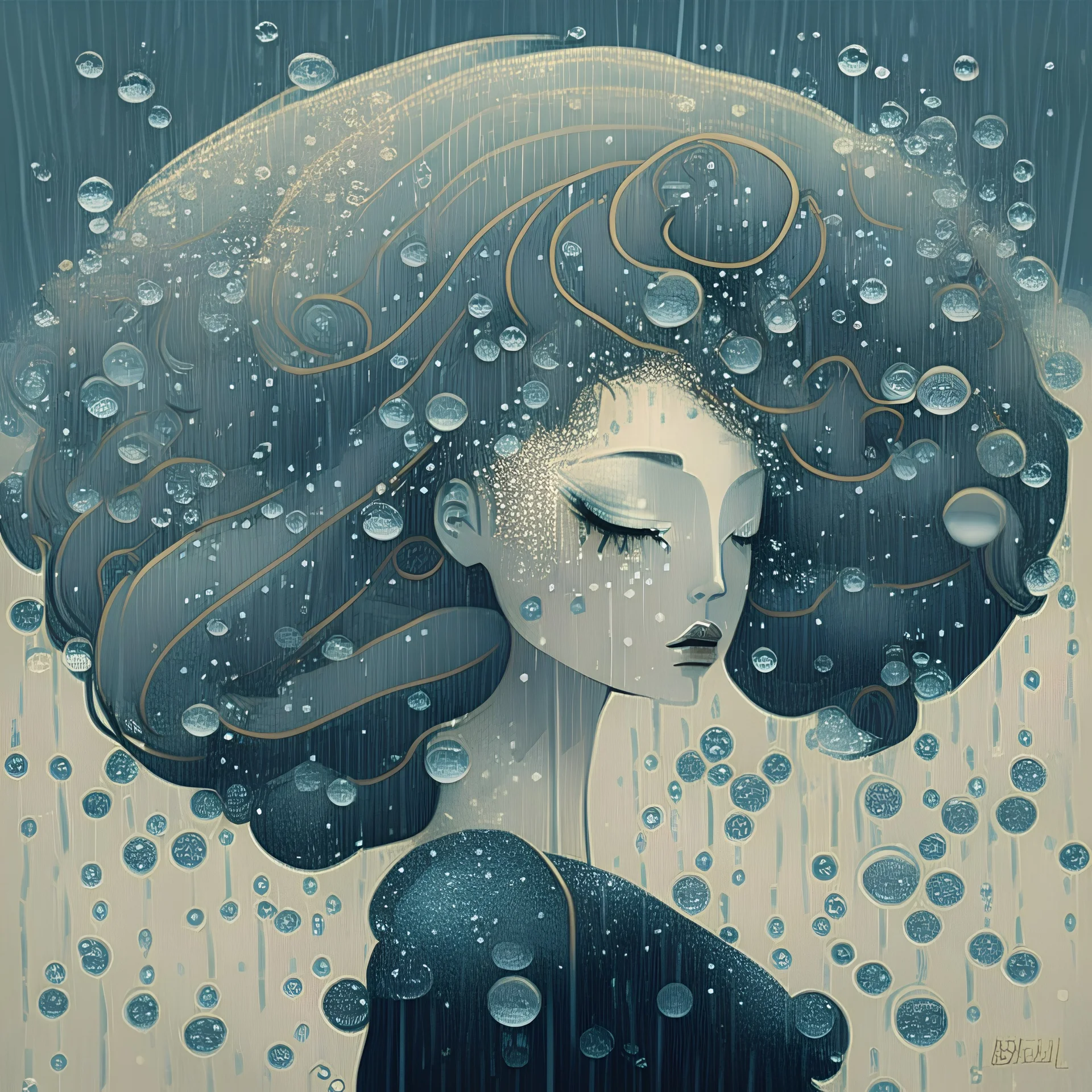Hair and bubbles in the rain style of erte