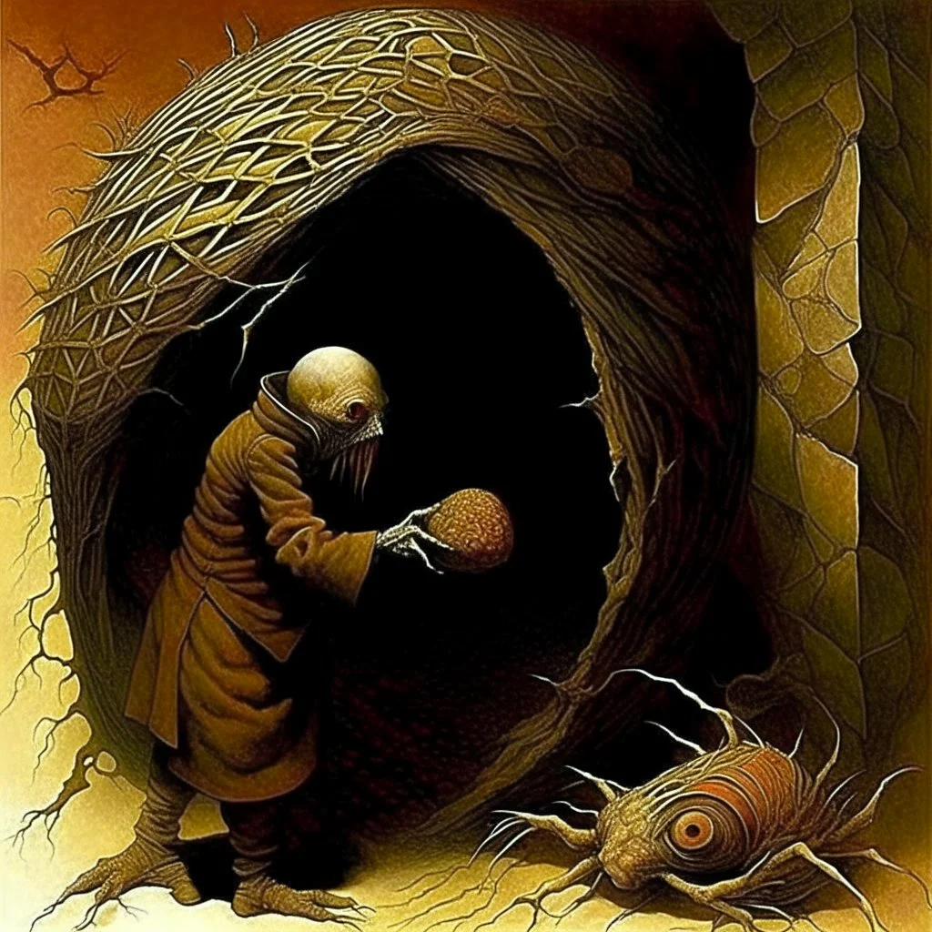 Cirrhosis grotesque overdose Shirley Jackson's lottery, abstract surrealism, by Phlegm and Dave McKean and Zdzislaw Beksinski, silkscreened mind-bending illustration; warm colors, off-centered fragmented composition, burlap sack mask dark shines overdose of grotesque, Expressionism