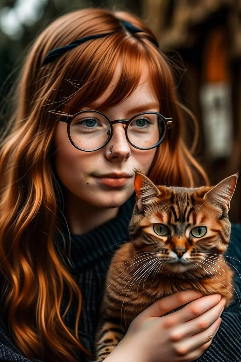 girl with ginger hair in a fringe with glasses and a septum piercing holding a tabby cat