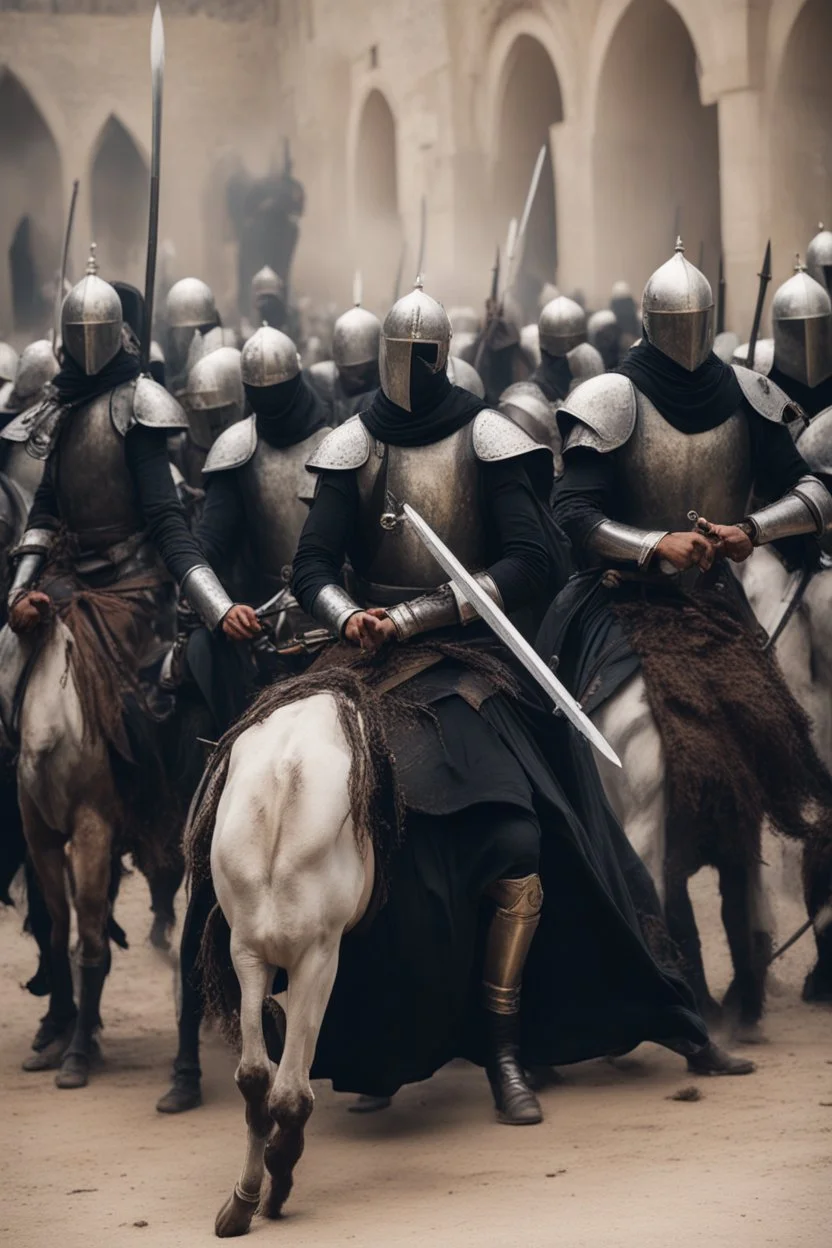 Make me a picture of a group of Muslim knights, assassinating many people, dressed in black