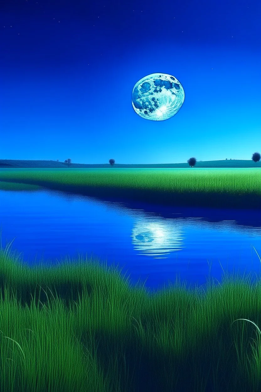 a calming full, blue moon over a grassy field with water