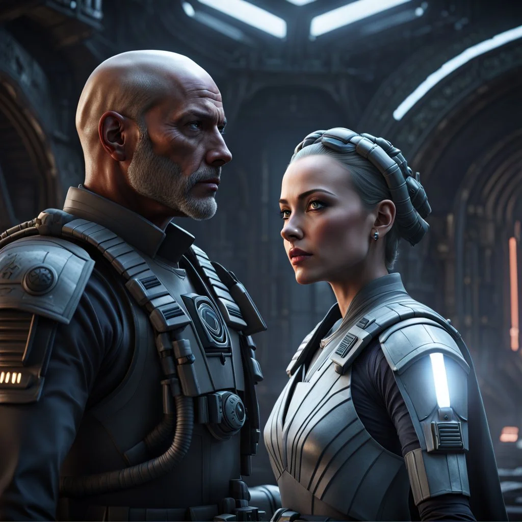 a bold and heroic bald male Corellian pilot in black and grey First Order special forces gear meets a female Jedi Master in ancient, mystical temple, hyperdetailed, dynamic lighting, hyperdetailed background, 8k resolution, volumetric lighting, light skin, fully symmetric details