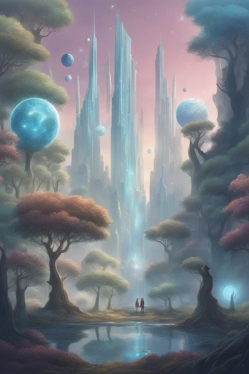 Elf Trees. Standing on a ground of ornate glass and patterned glass trees. And a sky colored with stars and planets. And a star portal in the sky, inside which is a world with futuristic buildings and waterfalls.