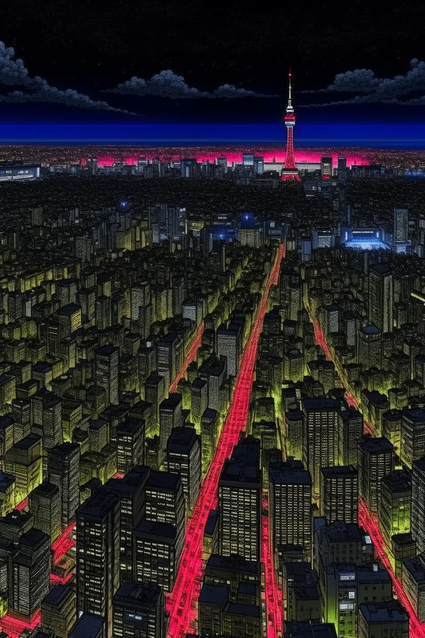 birds eye view of tokyo at nigh in the style of hiroku ogai