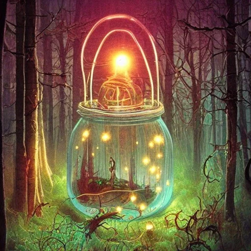 Glowing Pixies and Fairies in a belljar ,free, small and big, many fairy lights inside a forest, ghostly lights,morphed with electronic wiring and mixed with lighting, Nanopunk and Biopunk with cyberpunk look, wonderful ambient colors, art by Jarosław Jaśnikowski mixed with Sheila Martin mixed with Fletch mixed with Frank Sun, Anna Dittman,Alena Aenami.