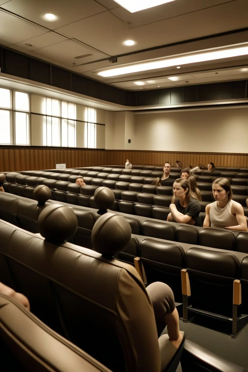 girl with messy bun hitting a punchball. She is boxing. People are sitting around her following the course. She is standing in the middle of the image in the aula. She boxing.