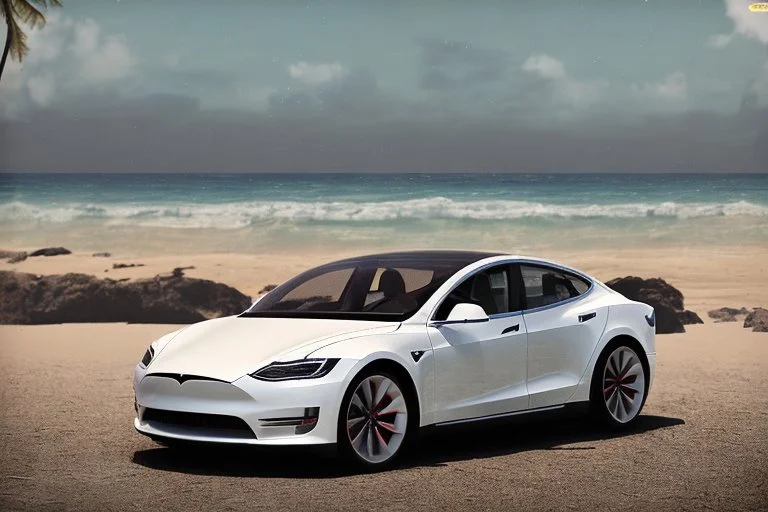 A Tesla 'Model S' is parked, at the beach of Waikiki in Hawaii. CINEMATIC. WIDE ANGLE LENS. PHOTO REAL.