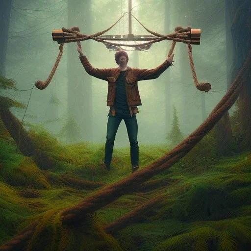 upper body of tall imposing human wizard holding up wood and rope bridge in magical forest, spray painting, autumn foliage frame,dark fantasy art , sun,glowing magic wand, Realistic photography, incredibly detailed, ultra high resolution, 8k, complex 3d render, cinema 4d, color corrected