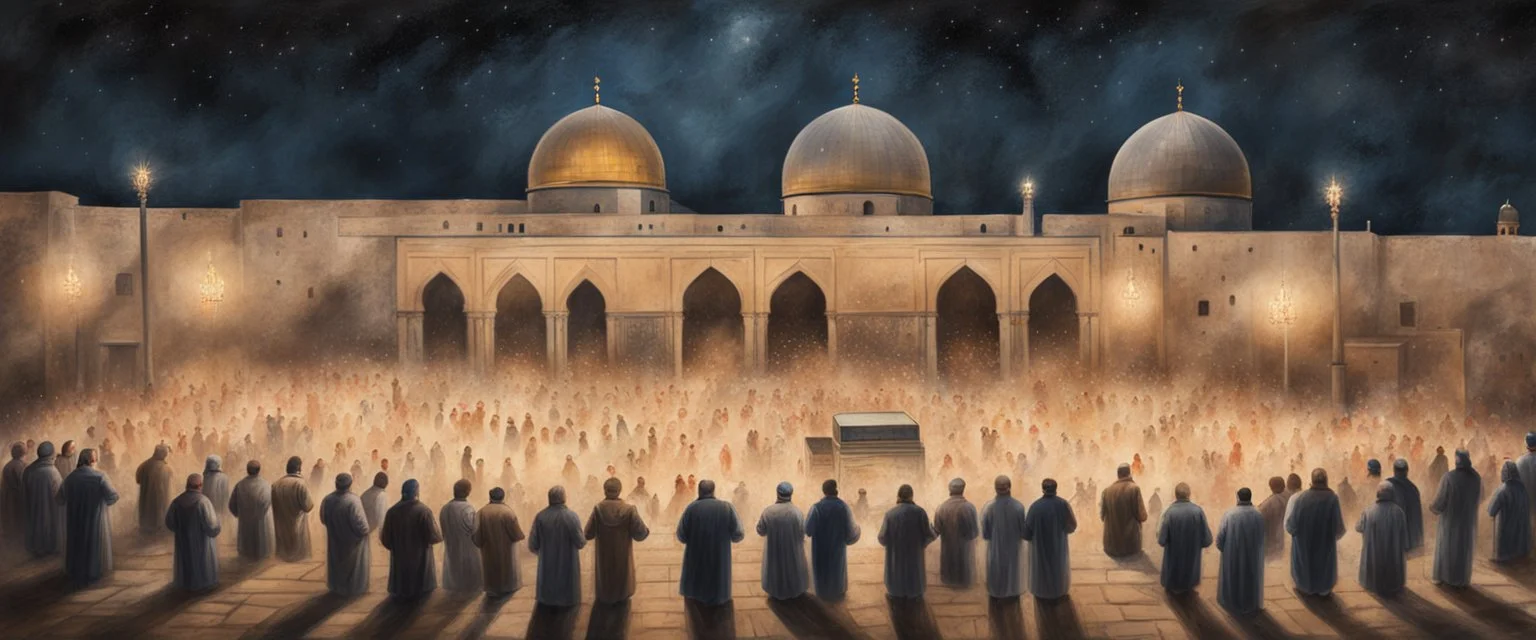 Hyper Realistic Painting of areal view of Palestinian men worshipping outside Al-Aqsa Mosque at night with celebration lights on a vintage rustic grungy paper