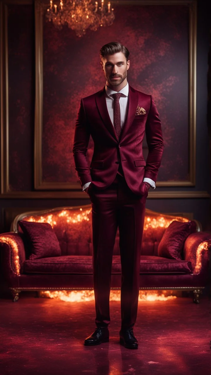 Hyper Realistic Handsome-Muscular-Man-with-little-smile Wearing Maroon-&-Black-Velvet-Tuxedo in flame-patterned-vintage-wall with glowing-embers on the floor in a dark-room with fancy-couch-&-fancy-lamps-on-wall