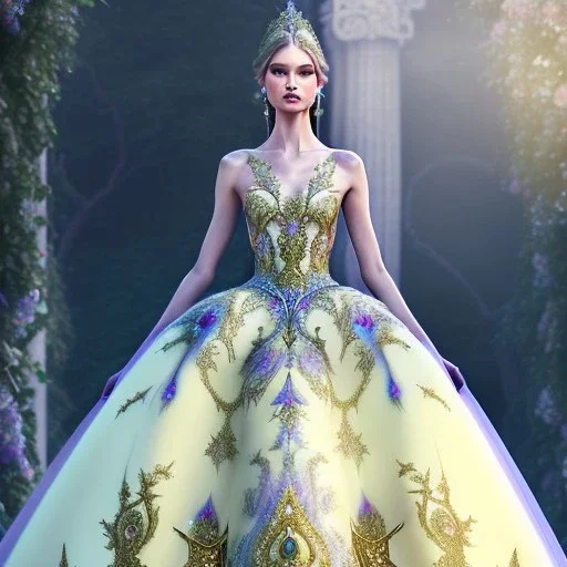 stunning couture gown designed by Marchesa inspired by fairytales, realistic epic fantasy colors, detailed, high quality, intricate, fantasyland background,