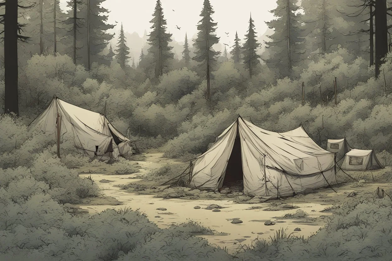 campsite, tents, overgrown, post-apocalyptic, comic book, forest