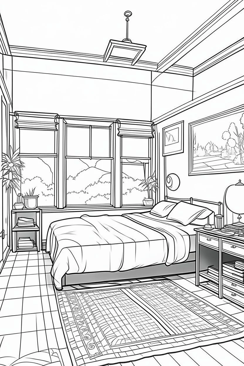 Outline art, simpl House interior design, bedroom, cartoon style, thick lines, low details, --ar 9:11