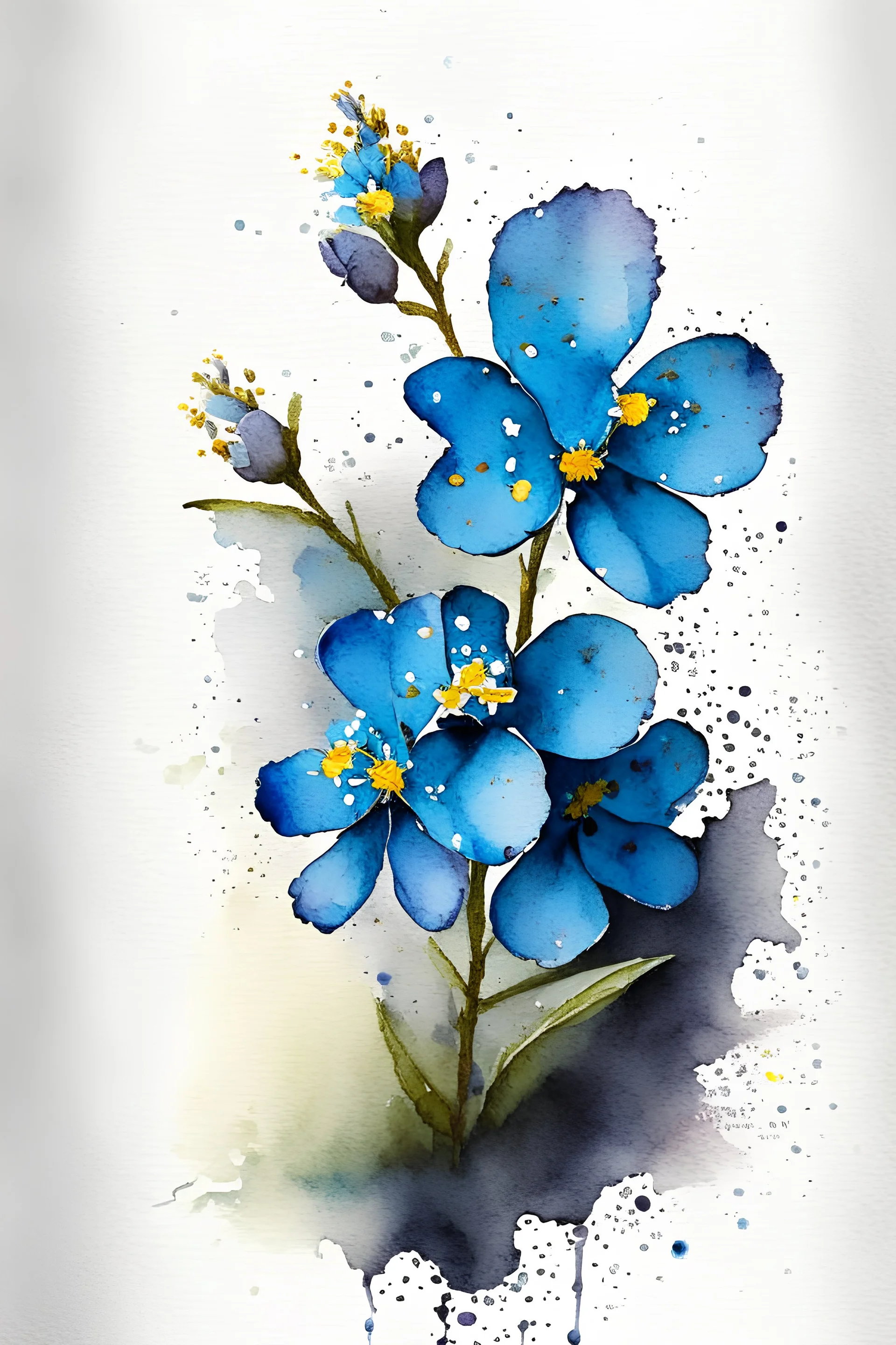 Ultra detailed watercolour painting of forget-me-not flowers on a black background, natural colors, with some splashes