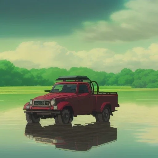 hyperrealistic shot, off-road truck, speeding, earth color palette, sharp focus, puddle reflection, tire water splash, refraction, rain and lightning on the horizon, shadowcast, detailed and intricate, cinematic composition, tilt shift photography