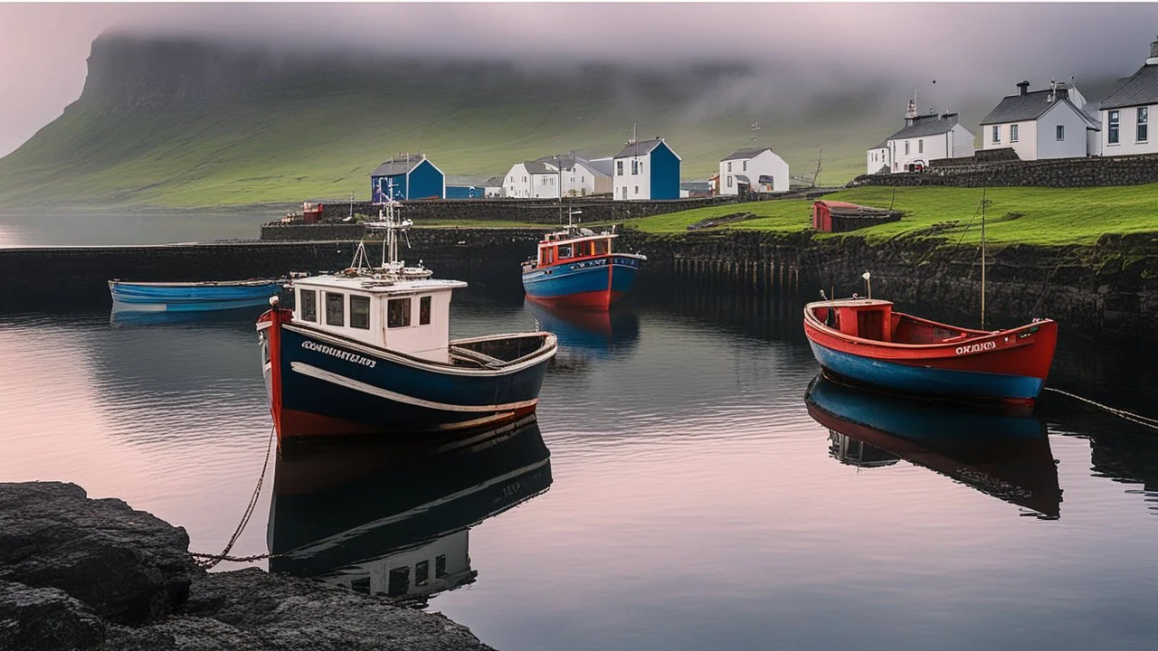 Fishermen’s boats anchored around a harbour in the Faroe Islands near a fishing village, fishermen putting fishing nets on their boats, mist covering the distance, calm sea, early morning, sunrise, the moment the sun rises, beautiful romantic photograph, excellent composition, atmospheric, realistic