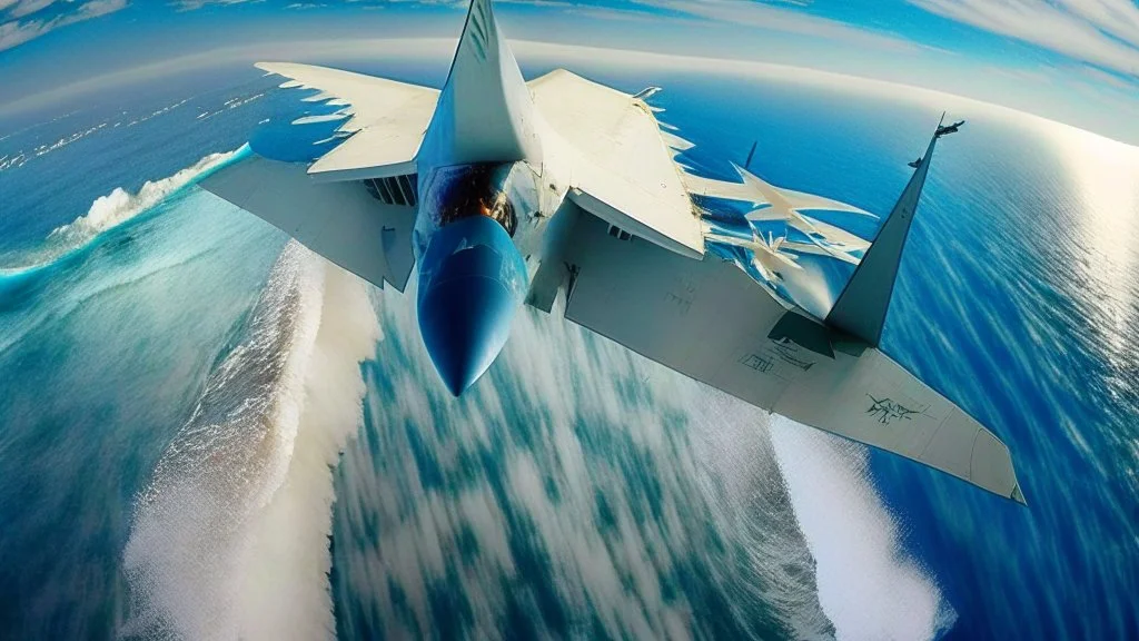 wide angle of F-22 shoots at boeing 747 plane while flying over the ocean