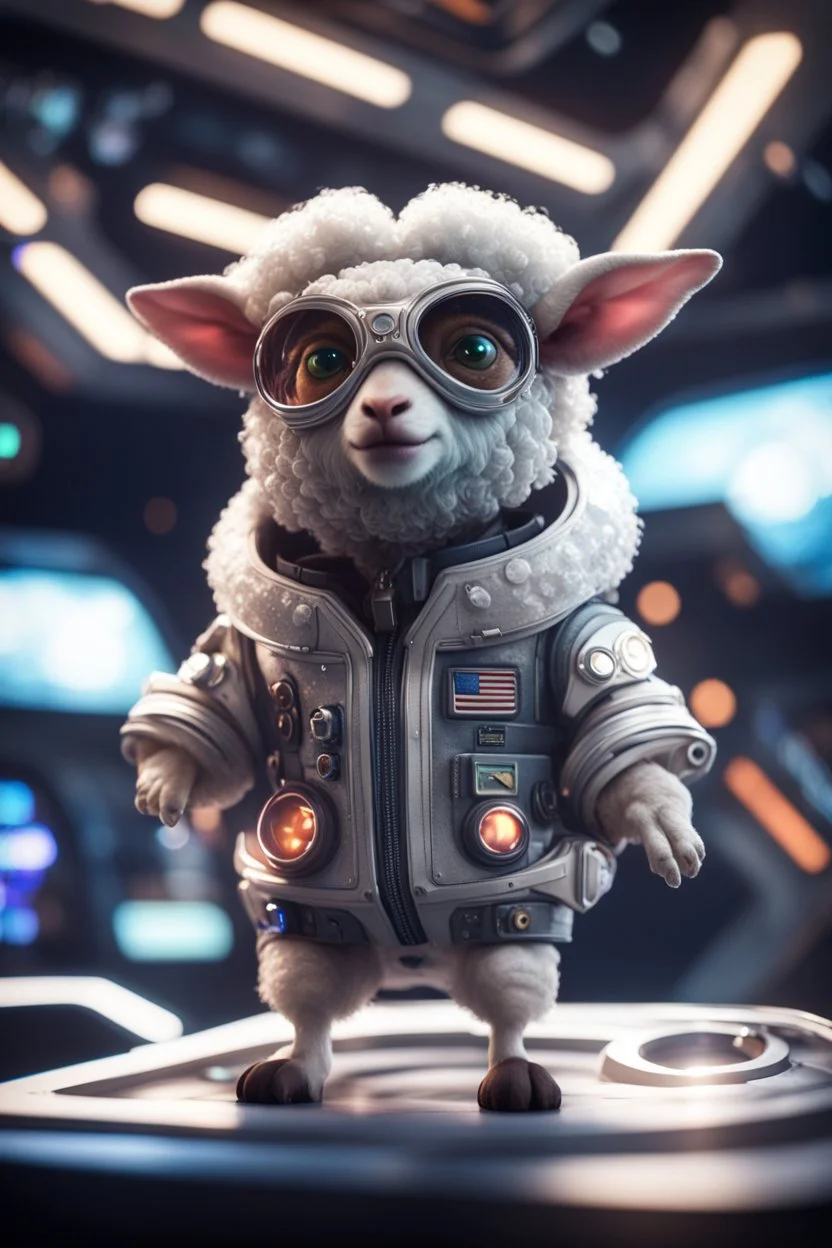 pen outline, really macho pimp gremlin sheep captain that go hard sitting in space station cockpit , in front of space portal dimensional glittering device, bokeh like f/0.8, tilt-shift lens 8k, high detail, smooth render, down-light, unreal engine, prize winning