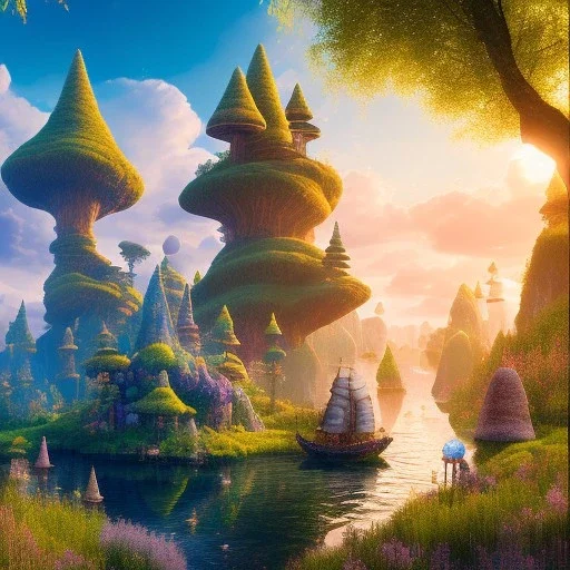 landscape 8k ultra realistic, beautiful, dwarfs in hippie clothes, mycelium boat, in a pastel style, willow, cave