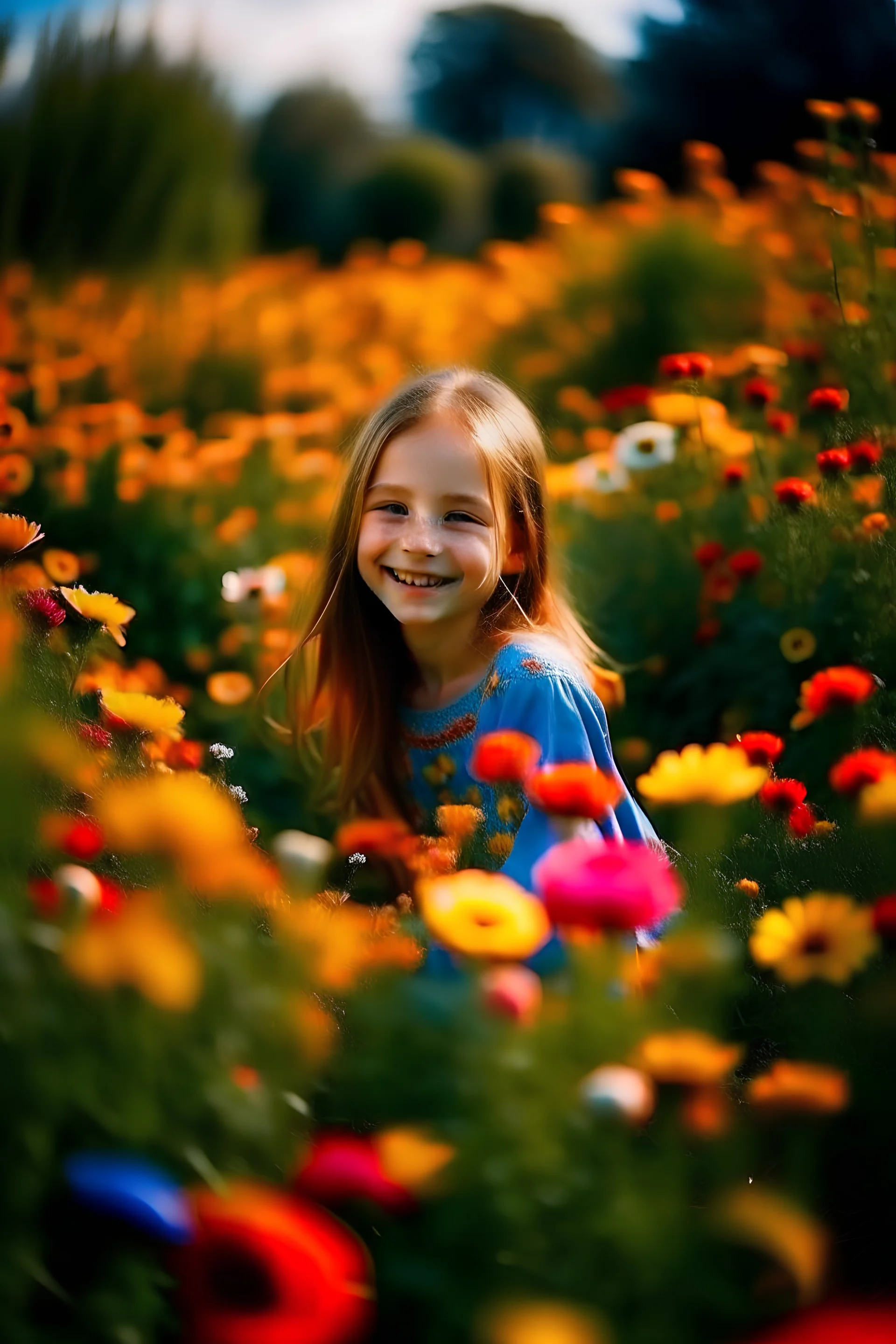 niña alegre en un campo de flores