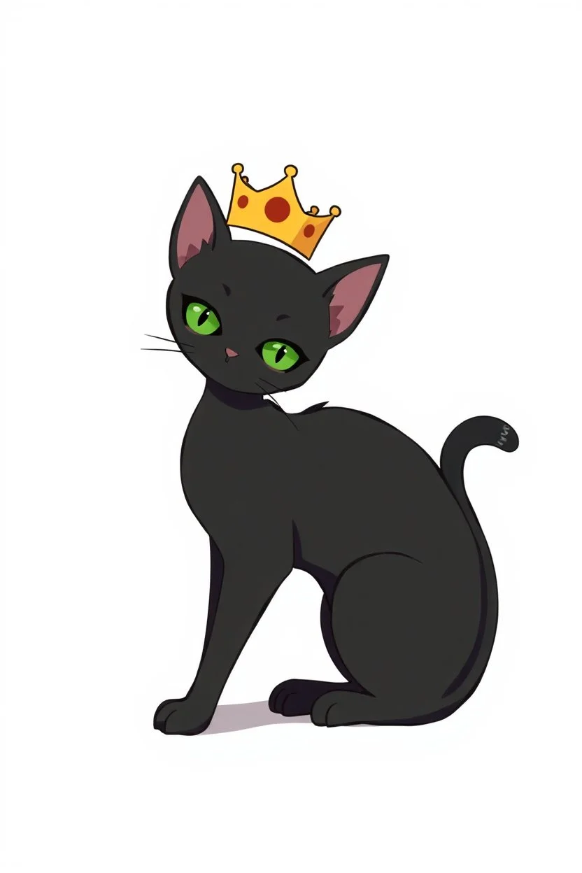 thin black cat on white background, sitting, wearing a crown, anime