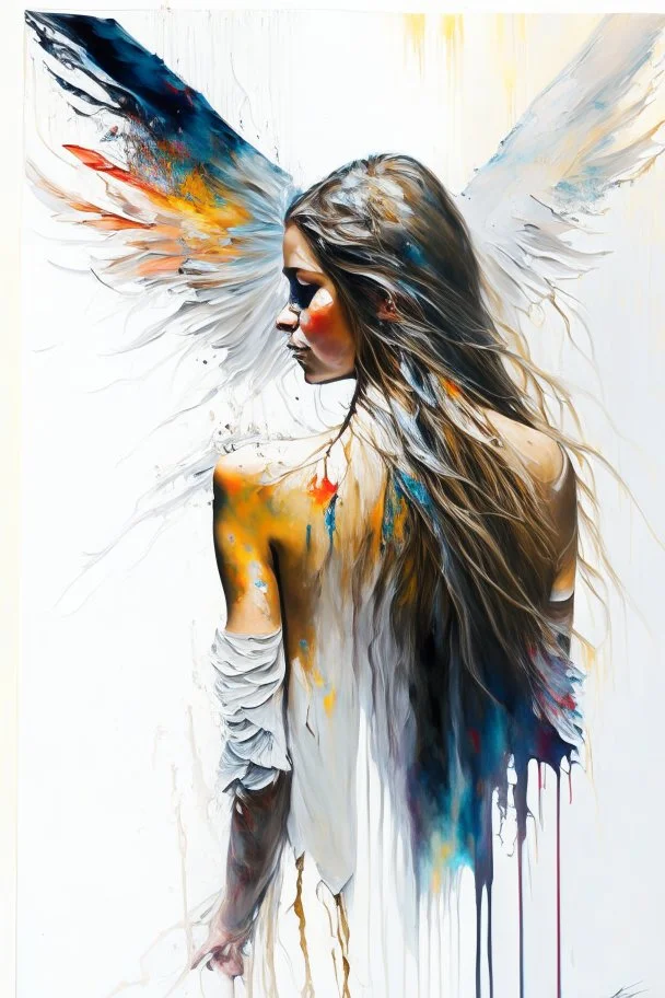 A detailed illustration of a beautiful young female human with growing out of her back. Her skin, hair and face are all made of paint. Her wings are spread. Front view. Highly detailed flawless facial features and eyes. Abstract Oil painting splash art. White background, wide angle, abstract design, beautiful, thick flowing paint strokes, dripping paint, fantasy art, modern art, ((soft happy complimentary colors,)) modern aesthetic, focused on the character, 4K resolution.