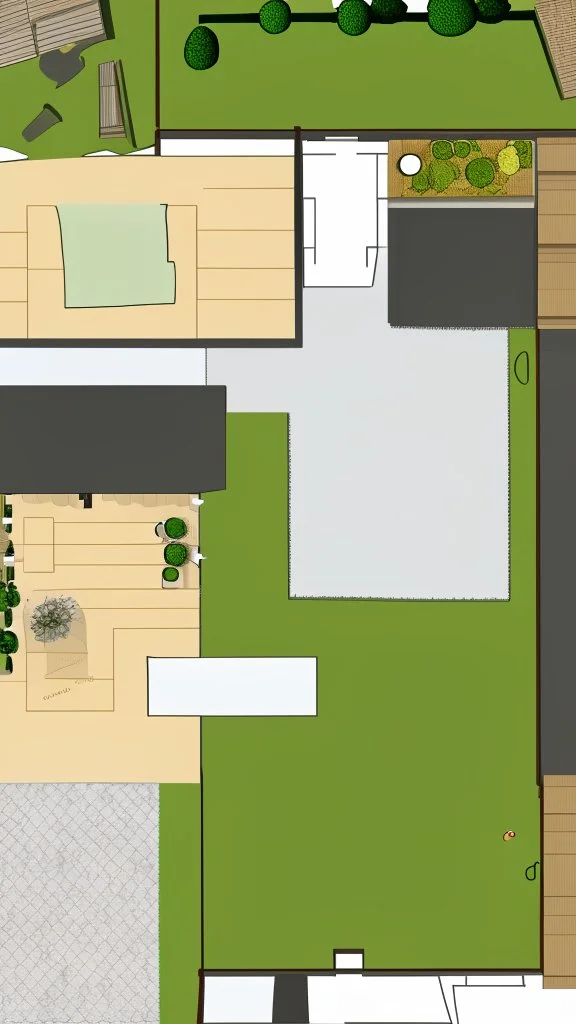 Make a floorplan of a back and front garden using the image as inspiration