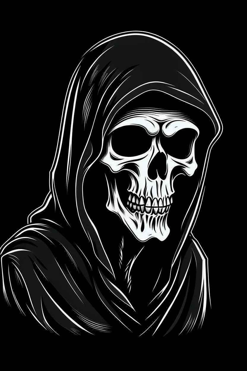 1950s character with skull face wearing a black hooded cloak, drawn in a early animation rubber hose animation style, inside a diamond shape on a black background, monochromatic