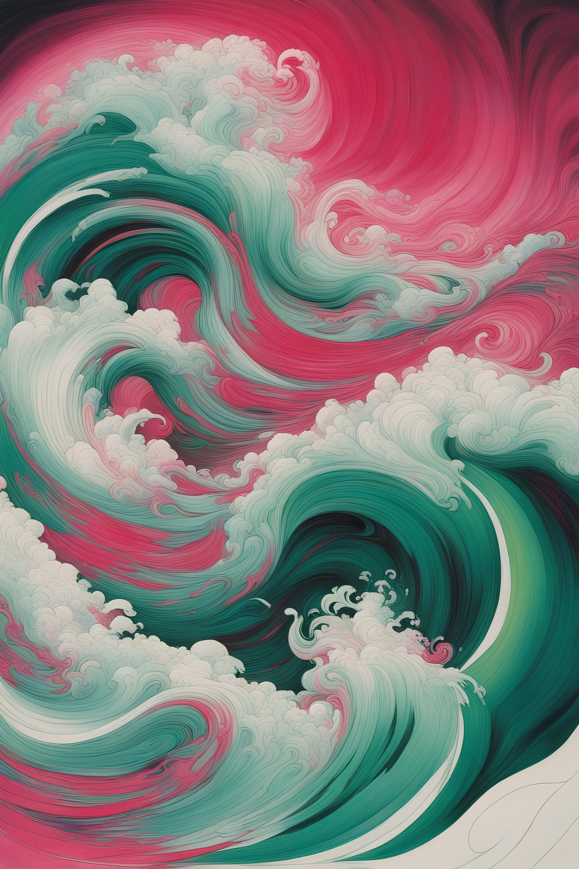 two red-ish fuchsia and green-ish jade aurora borealis swirling wildly on a white mask, abstract art, by Hokusai