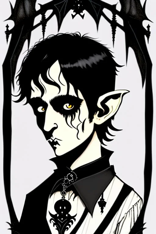 black haired black eyed young man necromancer goth hobbit with gothic jewelry and pet black bat in the style of Charles Addams