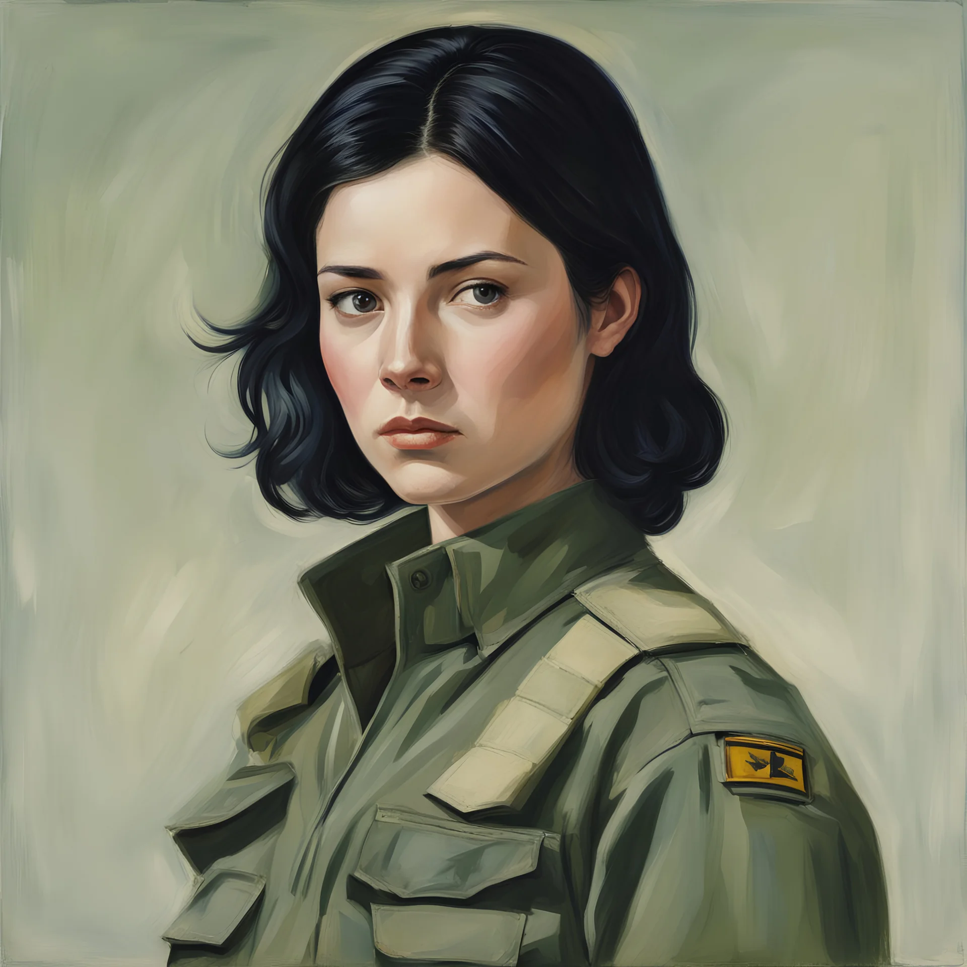 portrait of a black-haired young woman wearing fatigues