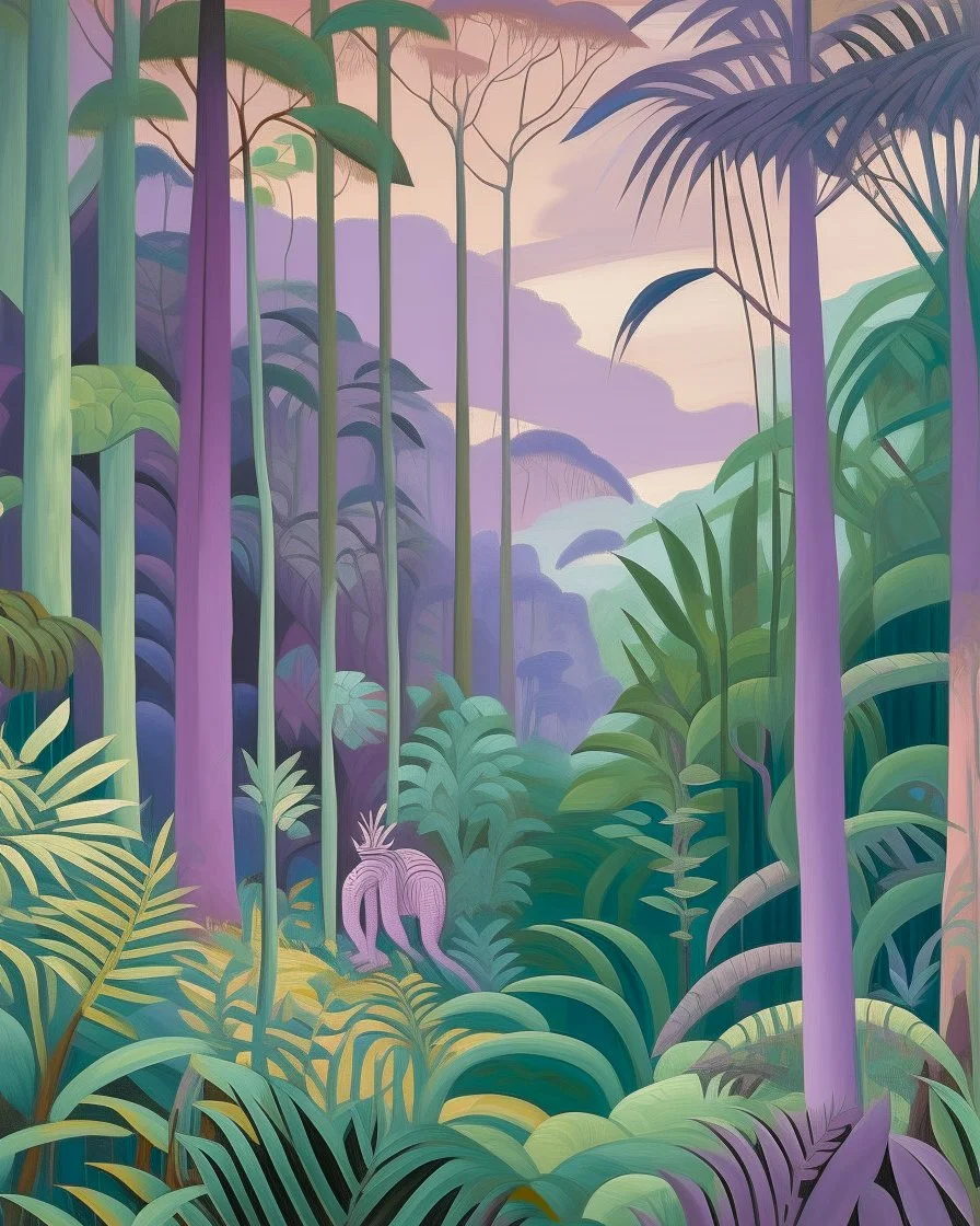 A light purple rainforest with atomic chameleons painted by Lyonel Charles Feininger