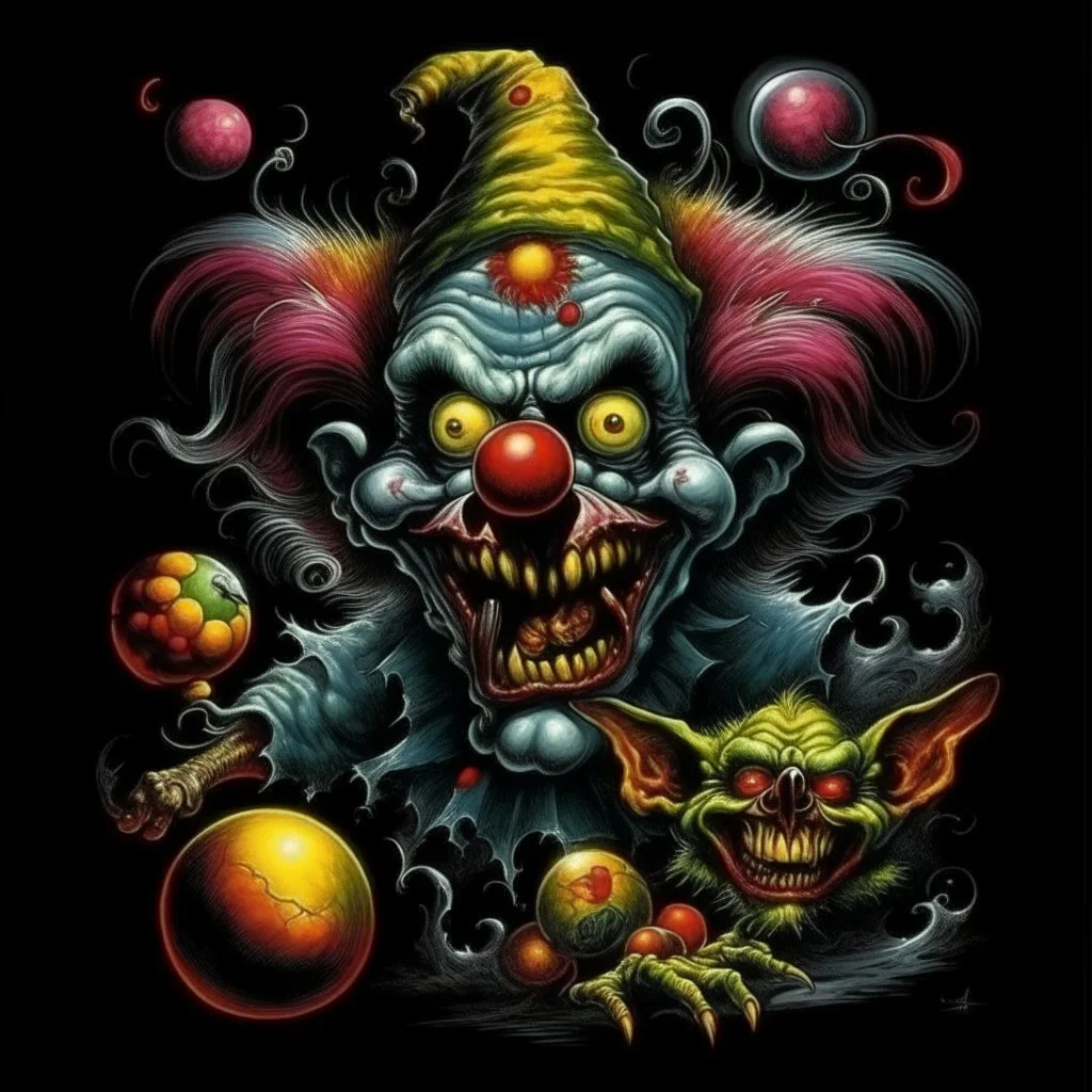 High_Quality_Art Digital Painting of Science experiment Horror Clown Monster creature by Richard Corben, Todd Schorr, T-Shirt Design, Black Background,