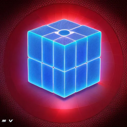 a blue metallic 4d cube inside a 4d red rotating cube in a four dimension environment