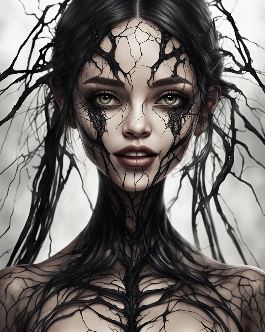 A girl fullbody began to undergo unimaginable transformations. smile intensified and her eyes took on a sinister gleam. Her skin turned translucent, revealing a network of black veins that extended like roots beneath her epidermis.