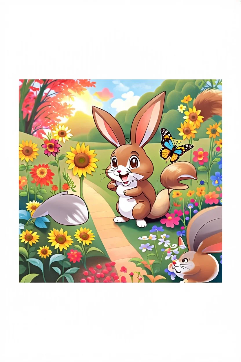 The cute bunny excitedly looks at a bright yellow sunflower in the colorful garden, the beautiful butterfly and the friendly brown squirrel are next to the bunny and smiling, child book illustration style, faces must be the same as reference image