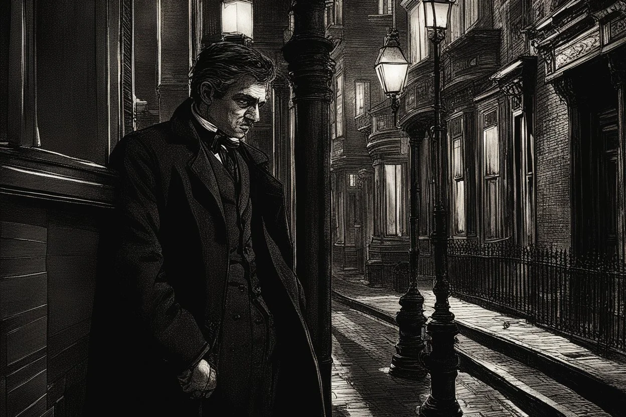 man in dark clothing, hiding around a corner while looking down on a brightly lit Victorian street