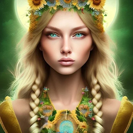 sunflower goddess green eyes long hair blond