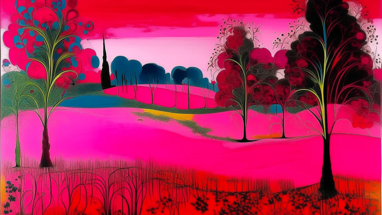 A magenta field with cypress trees painted by Joan Miro